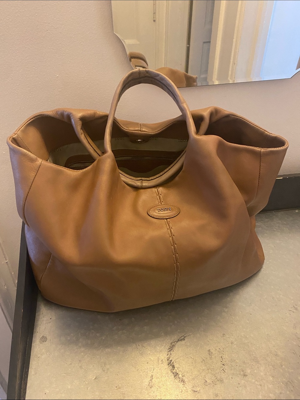 Tod's Tan Leather Slouch Tote with Top Handles